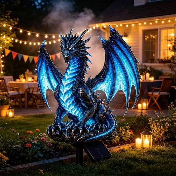 PLPPYFS Solar Dragon Garden Statue Stake Light, Blue LED Glowing Mythical Dragon Resin Sculpture, Solar Powered Outdoor Decor Light for Yard Patio Lawn Backyard Landscape Ornament