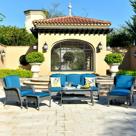 Newport Deep Seating Outdoor Furniture ovios Patio Furniture Sets, 6 Pieces Rattan Wicker Chair Sectional Sofa Deep Seating Conversation Set with Cushions,Table,Backyard, Pool,Porch Garden, Steel Frame(Blue) ()