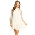 thumbnail image 2 of Womens A-line Flowy 3/4 Bell Sleeve Semi Sheer Lace Crochet Swing Mini Dress, 2 of 6
