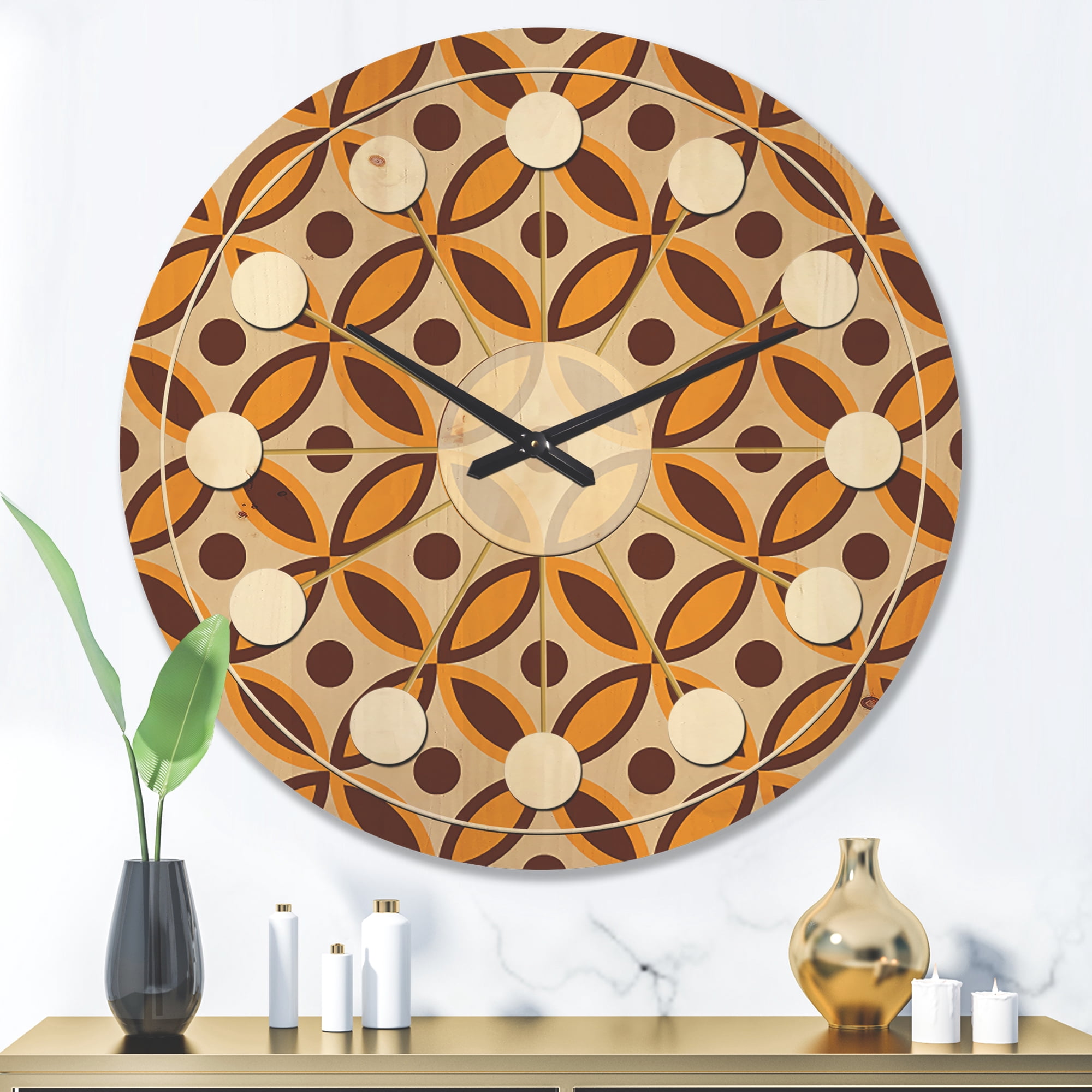 Designart 'Ornamental Retro Design V' Mid-Century Modern Wood Wall Clock