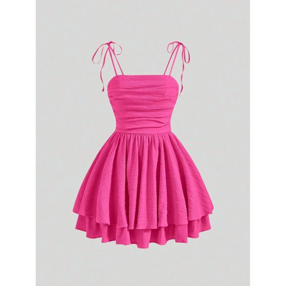 Hot Pink Ruched Tie-Shoulder Pleated Mini Dress For Women