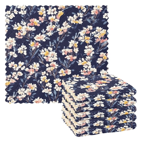 Small Flower on Navy Blue Background Kitchen Cloth Dish Towels for Drying Washing Absorbent Dish Rags 6 Pack