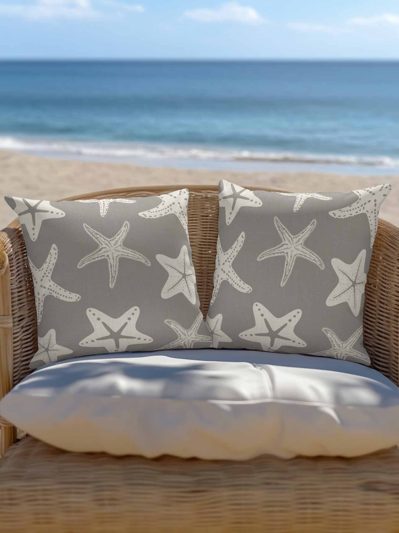 Outdoor Pillows Waterproof, Grey Starfish Coastal Bedding Throw Pillows with Insert for Couch Sofa Bed, Nautical Summer Ocean Abstract Art 18x18 Inch Pillowcases Decorative Patio Pillow Set of 2