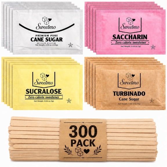 Sweetmo Sugar Packets Variety Pack - Sucralose, Raw Sugar, Saccharin, Cane Sugar with Wooden Stirrers - 300 Count for Coffee, Tea, Office Breakrooms, Home & Airbnb