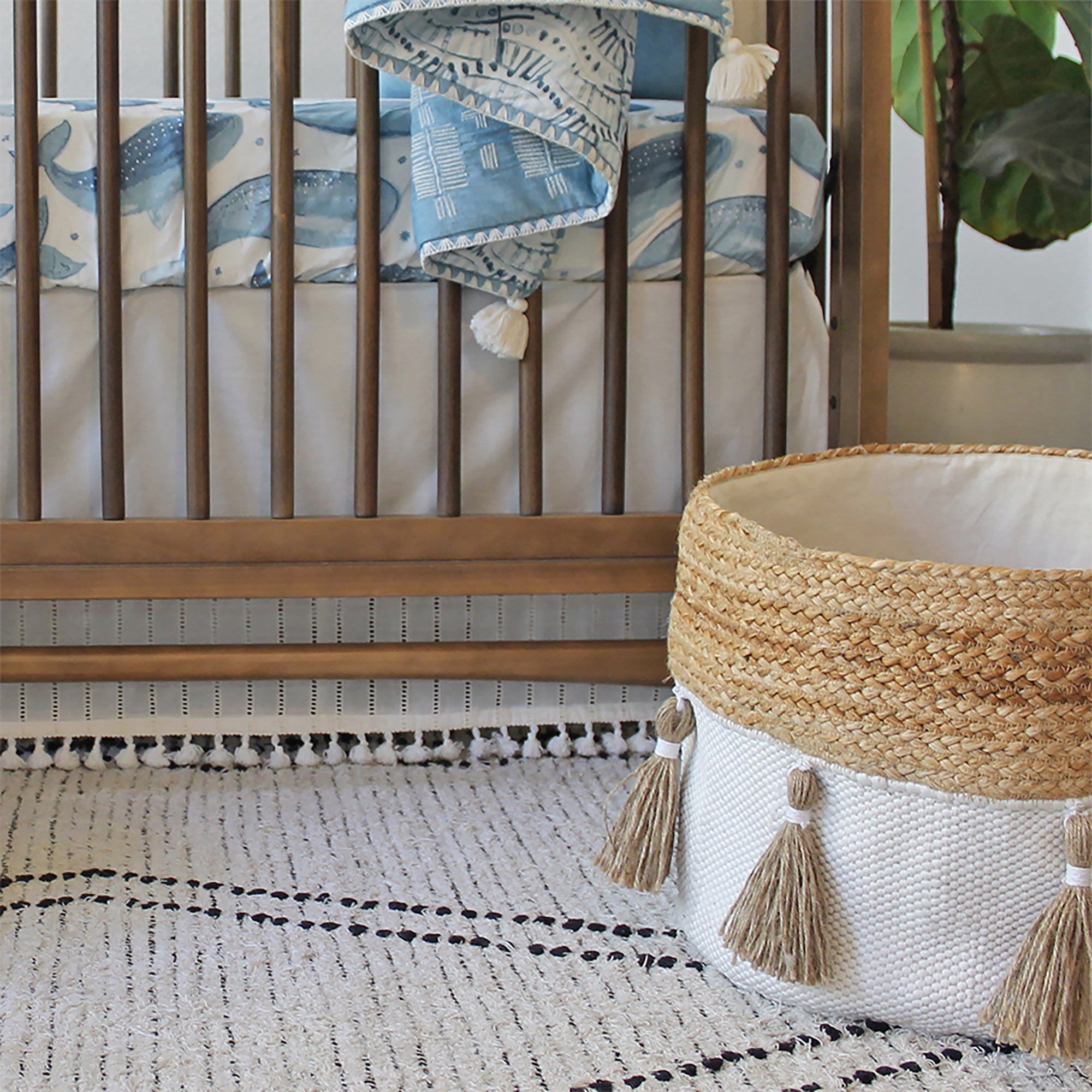 Crane Baby Fabric Round Nursery Storage Basket, Toy Storage, Boho Nursery Decor, 13"x12", Toy Basket, Baby Storage Organizer, Toy Organizers and Storage Bins, Baby Organizers and Storage, Toy Bins