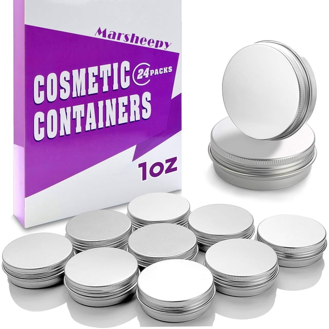 Marsheepy 30 ml (1 oz), paquete de 24 recipientes redondos de aluminio plateado para bálsamo labial, tarros de almacenamiento con tapa de rosca para bálsamo labial, velas cosméticas