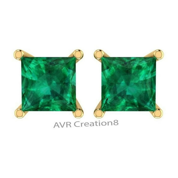 Square Green Emerald Stud Earrings, Princess Cut May Birthstone Solitaire Earrings, Gift For Girlfriend