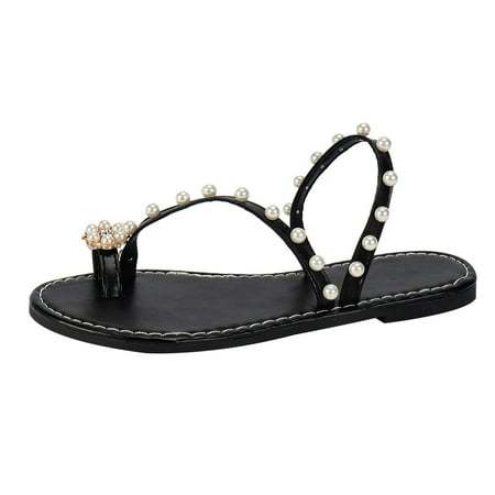 

KIJBLAE Women s Summer Pearl Beaded Toe Ring Sandals Rhinestone Flat Sandals Ankle Strap Sandals Bohemian Sandals Elegant Dress Sandals Ladies Shoes Black 39