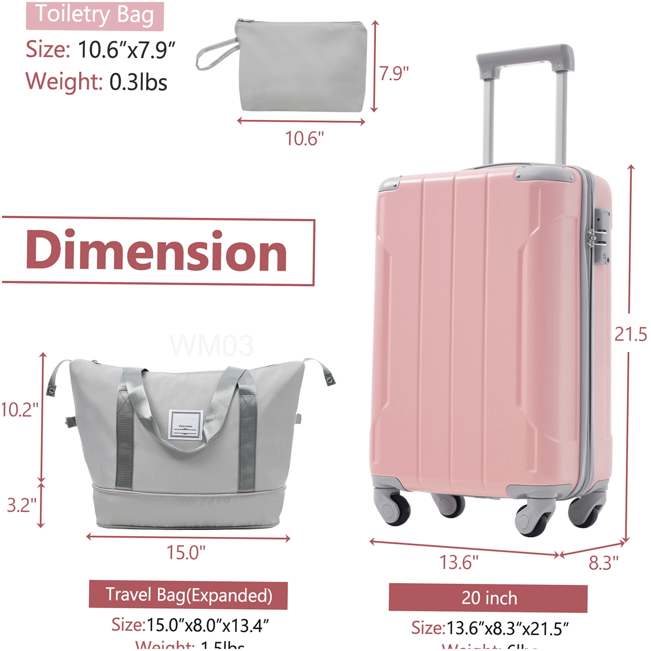 Lightweight Hardshell Carry On Luggage 3-Piece Set with 360° Spinner Wheels, Pink TSA Lock Suitcase