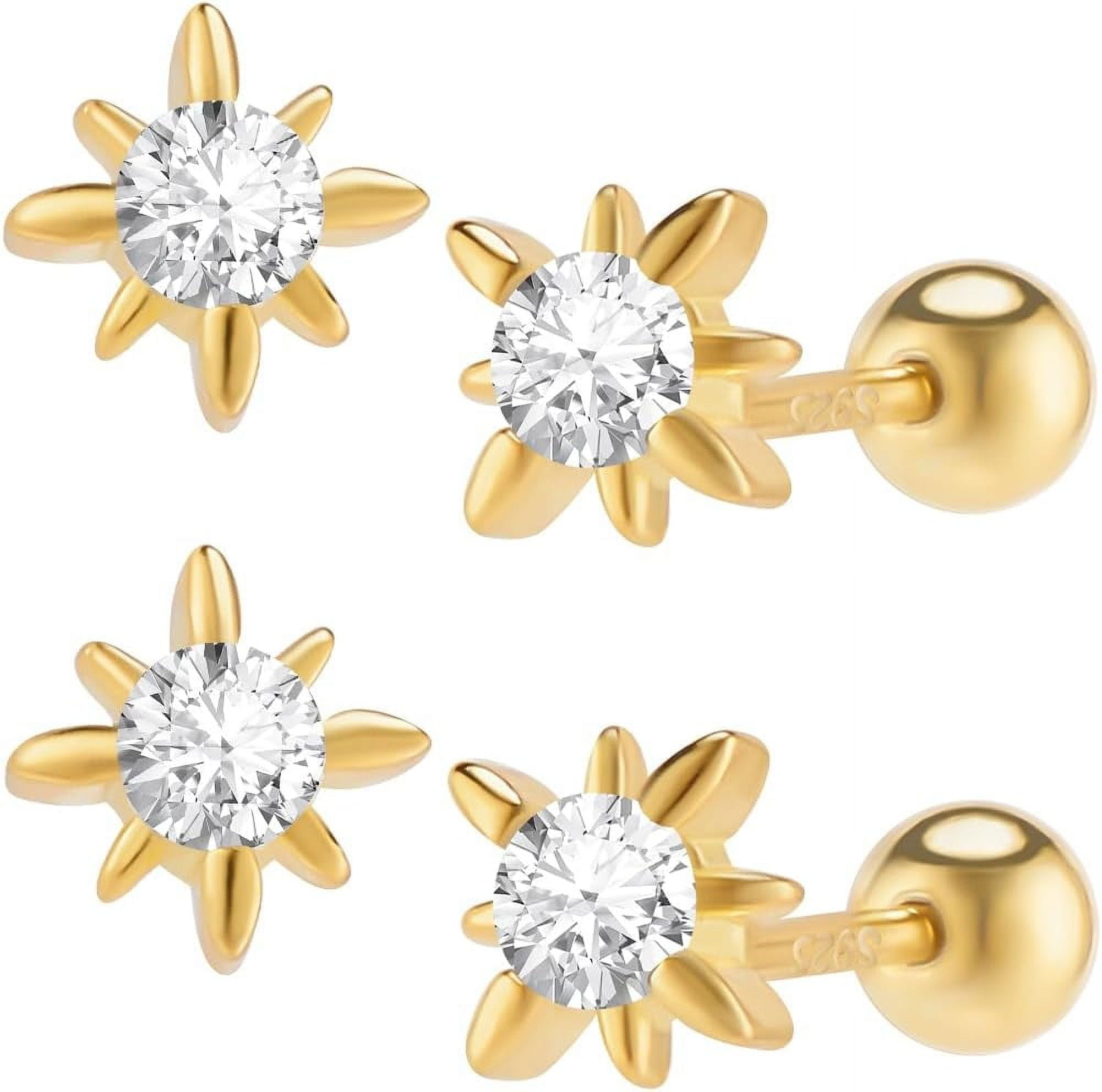 4Pcs North Star Earrings 925 Sterling Silver Star Cubic Zirconia Stud Earrings with Screw Ball Backs Tiny 5 x 5mm Clear