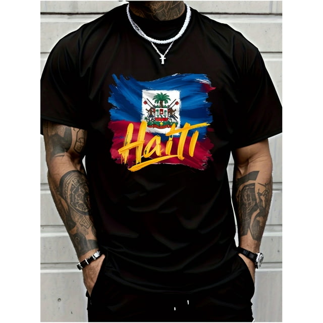Camiseta Haiti de manga corta para hombre, con elegante diseño de letras estampadas: perfecta para deportes de verano, ropa informal y estilo diario.