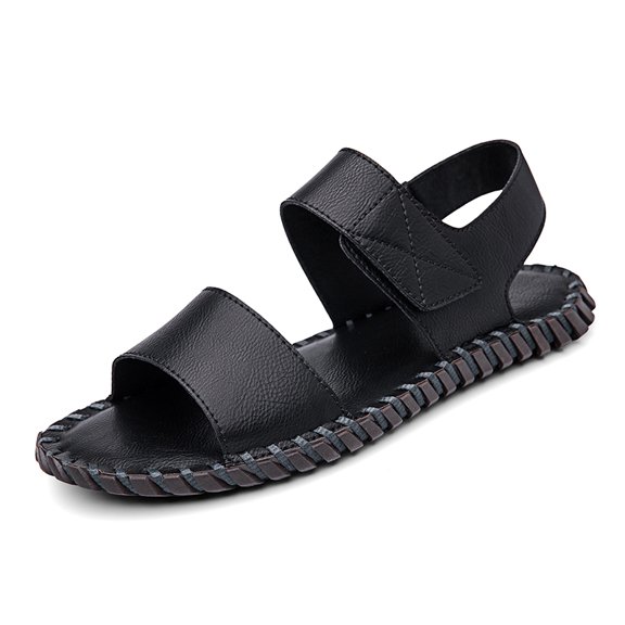 Men's Two Strap Adjustable Velcro Back Strap Leather Sandals, Hand Stitched Closed Heel Casual Walking Shoes