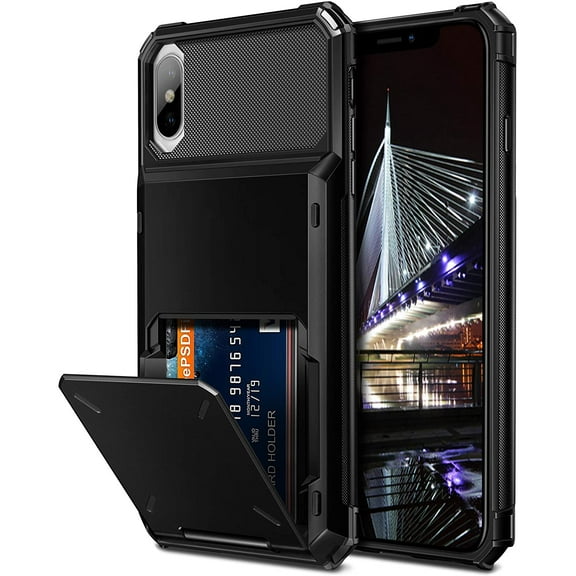 for iPhone Xs Wallet Case iPhone X Cover Credit Card Holder 4-Card Slot Scratch Resistant Dual Layer Protective Bumper Rugged TPU Rubber Armor Hard Shell Cover for iPhone X XS 10 10S Black