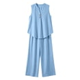 thumbnail image 6 of VBVC Women's 2 Piece Cotton-Linen Outfit Set,Notch Neck Tank Top and Wide Leg Pants For Women,Ladies Button Trim Loungewear with Pockets,Light Blue,S-2XL, 6 of 7
