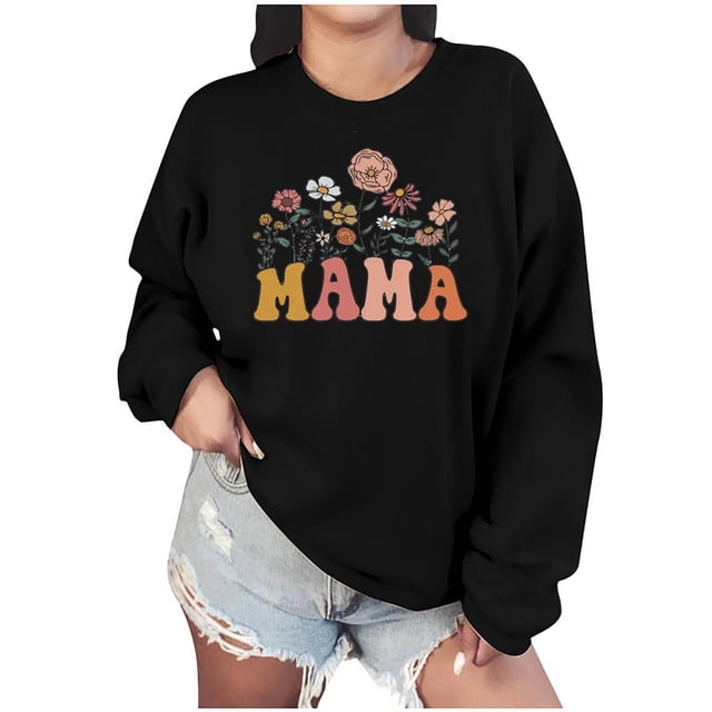 Penkiiy Mujeres de manga larga Mama Sudaderas de cuello redondo Suéter de cuello suelto blusa ligera Tops XS Negro