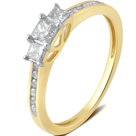 1/2 Carat T.W. 3 stone Princess Diamond 10K Yellow Gold Engagement Ring