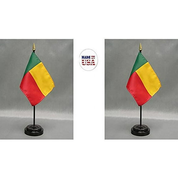 Made in The USA. 2 Benin Rayon 4"x6" Miniature Office Desk & Little Hand Waving Table Flags Includes 2 Flag Stands & 2 Small Mini Beninese Stick Flags