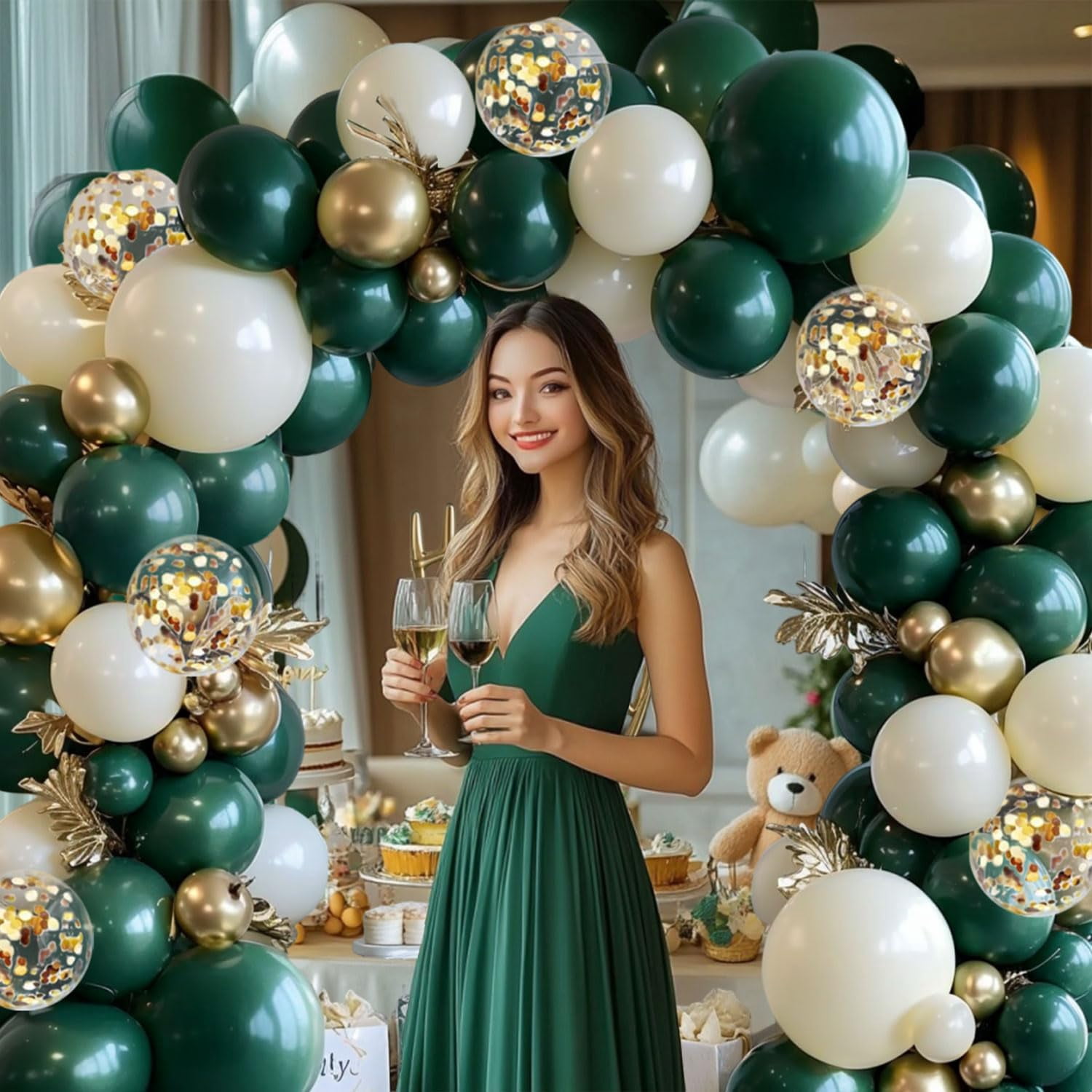 Emerald Green Pearl White Gold Balloons Arch Kit Double Stuffed Dark Green Light Pastel Sand Ivory White Metallic Gold Bobo Balloons for Wedding Baby Shower Birthday Party Decorations