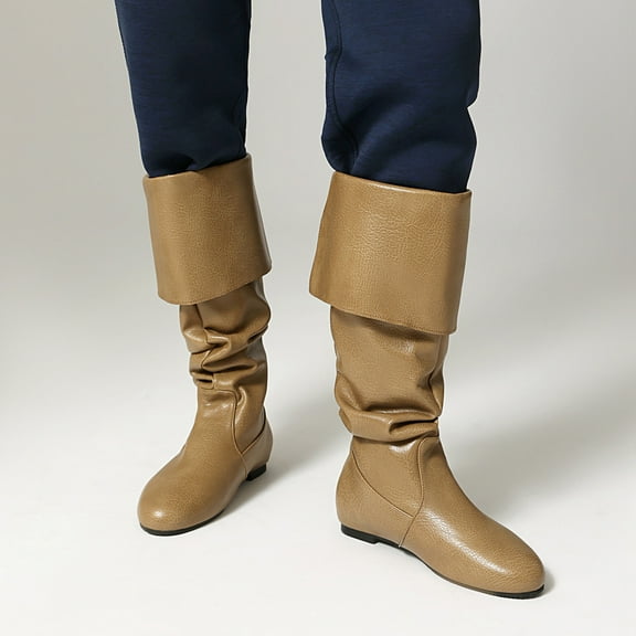 PiGOGI Women's Western Boots Fold Over Cuff Fashion Winter Fall Boots for Women Flat Heel Comfortable Mid Calf Knight Style Boots Khaki 43
