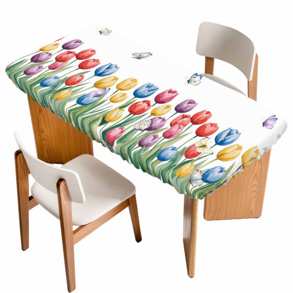 Watercolors Tulips Table Cloths for 5 Foot Rectangle Tables, Spring Butterflies Flowers Leaves Plants Patio Waterproof Elastic Fitted Tablecloths, Washable Rectangular Table Cover for Camping