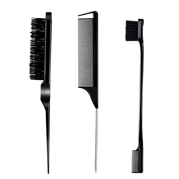3 Pieces Comb Set for Teasing, Edge & Back Brushing - Rat Tail & Edge Combs for Styling Women's Hair (Black)