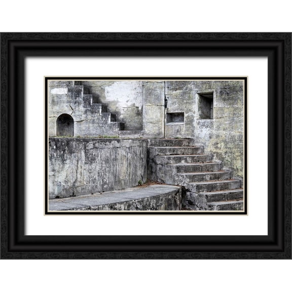 Jaynes Gallery 32x23 Black Ornate Wood Framed with Double Matting Museum Art Print Titled - Washington State-Port Townsend Concrete steps and walls of fort