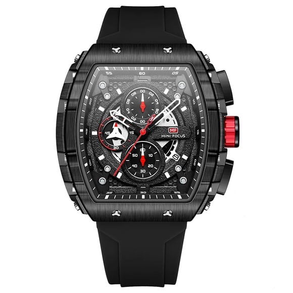 MINI FOCUS Montre Chronographe à Quartz pour Homme Cadran Tonneau Sport Militaire Montre-Bracelet pour Homme avec Bracelet en Silicone Orange Date Automatique