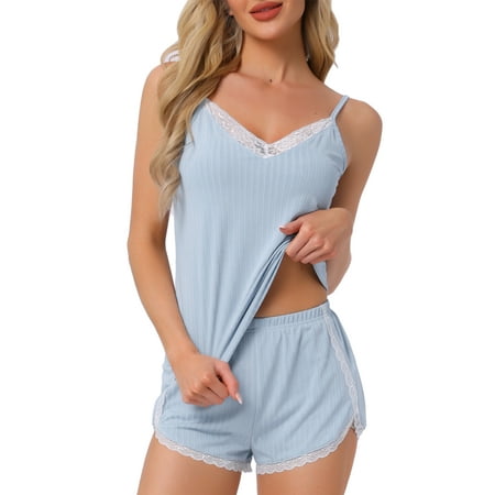 INSPIRE CHIC Womens Pajama Sets Sexy Lingerie Soft Sleepwear 2 Piece Cami Shorts Pj Set V Neck Lace Nightwear L Blue