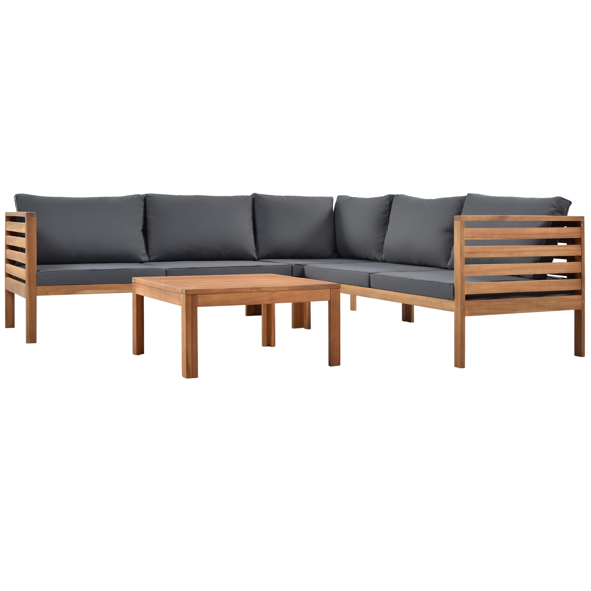 Harper & Bright Designs Acacia Wood Outdoor Sectional Furniture with Coffee Table, Patio Modular Sectional Sofa Set, Garden L-Shaped Conversation Set with Cushions, Gray