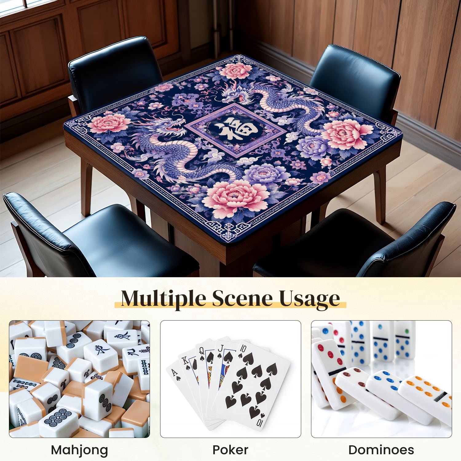 Mahjong Mat 31.5" x 31.5" Oriental Blue Pink Dragon Peonies Chinese Fortune Symbol Non-Slip Noise Reduction Mahjong Tiles Table Cover for Dominoes Poker Card Board and Tile Games