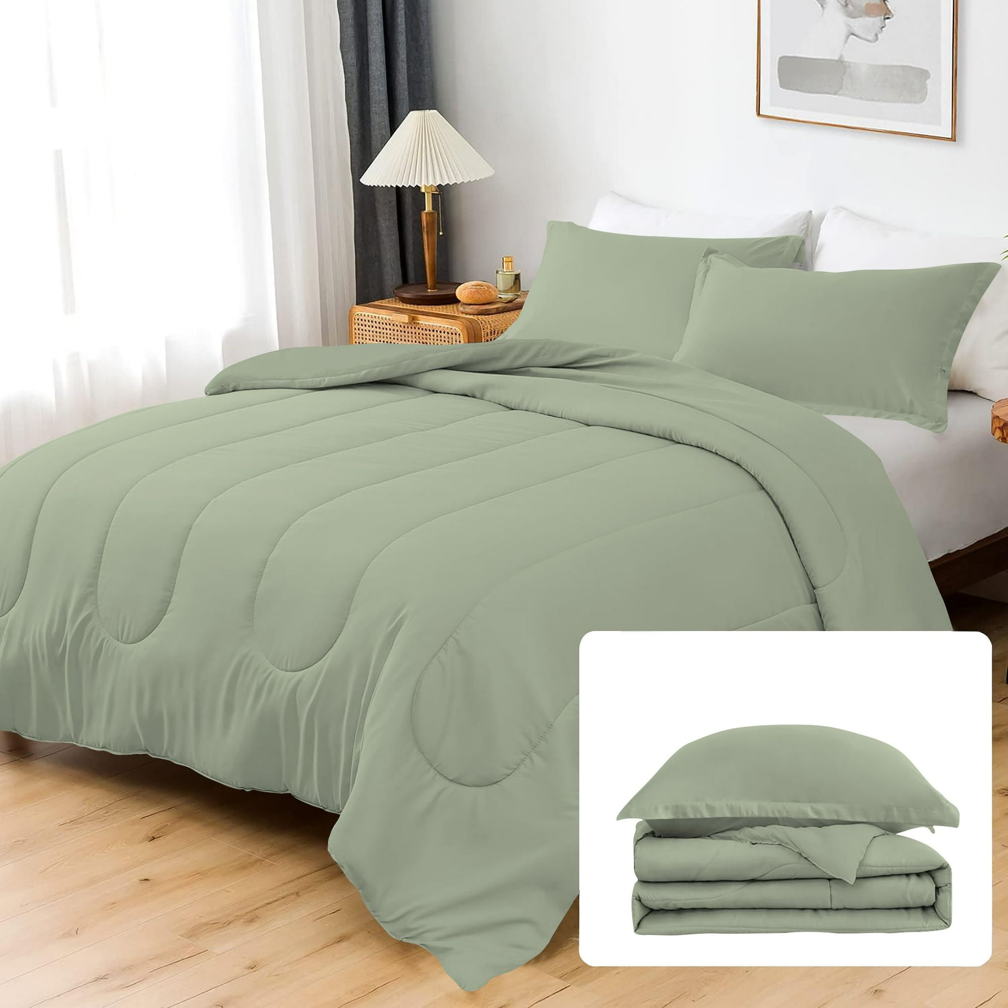 3 Piece Luxury Thicker Pattern Comforter Set, 800 TC, 100% Egyptian Cotton, King/California King Size Light Sage Solid Color