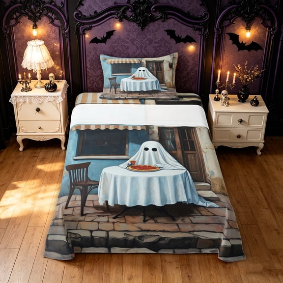 Feelyou Spooky Street Ghost Twin Sheets, Cartoon Outdoor Pizza Bedding, Blue Beige, 3-Piece, 1 Flat Sheet, 1 Fitted Sheet and 1 Pillowcase