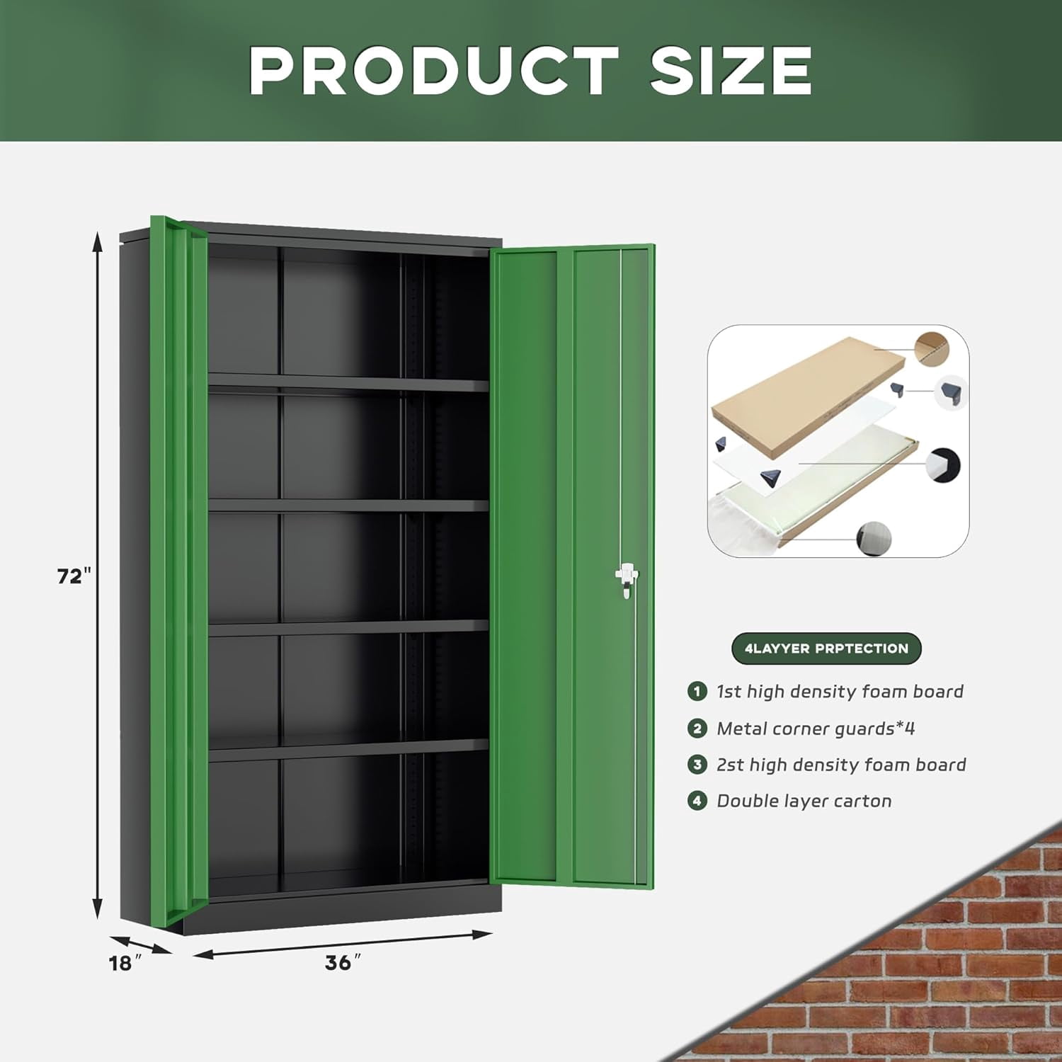 SOLAURA Metal Storage Cabinet, 72" x 36" x 18" Garage Storage Cabinet with Lock, Metal Cabinet with 2 Doors and 4 Adjustable Shelves for Office, Home, Shops, Garage, Black Green