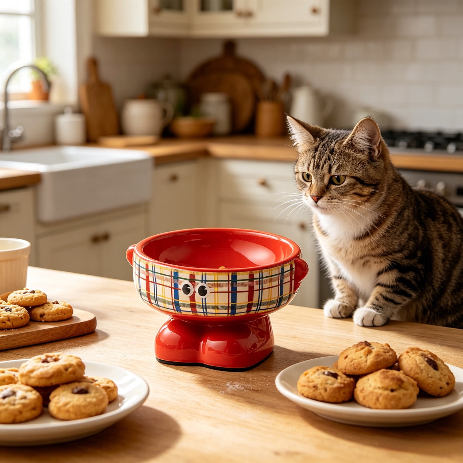 Elevated Ceramic Pet Bowl for Cats and Small Dogs, Raised Food and Water Dish for Spine Support, Non Slip Weighted Base, Easy Clean No Mess Chin Friendly Feeding Bowl for Daily Use