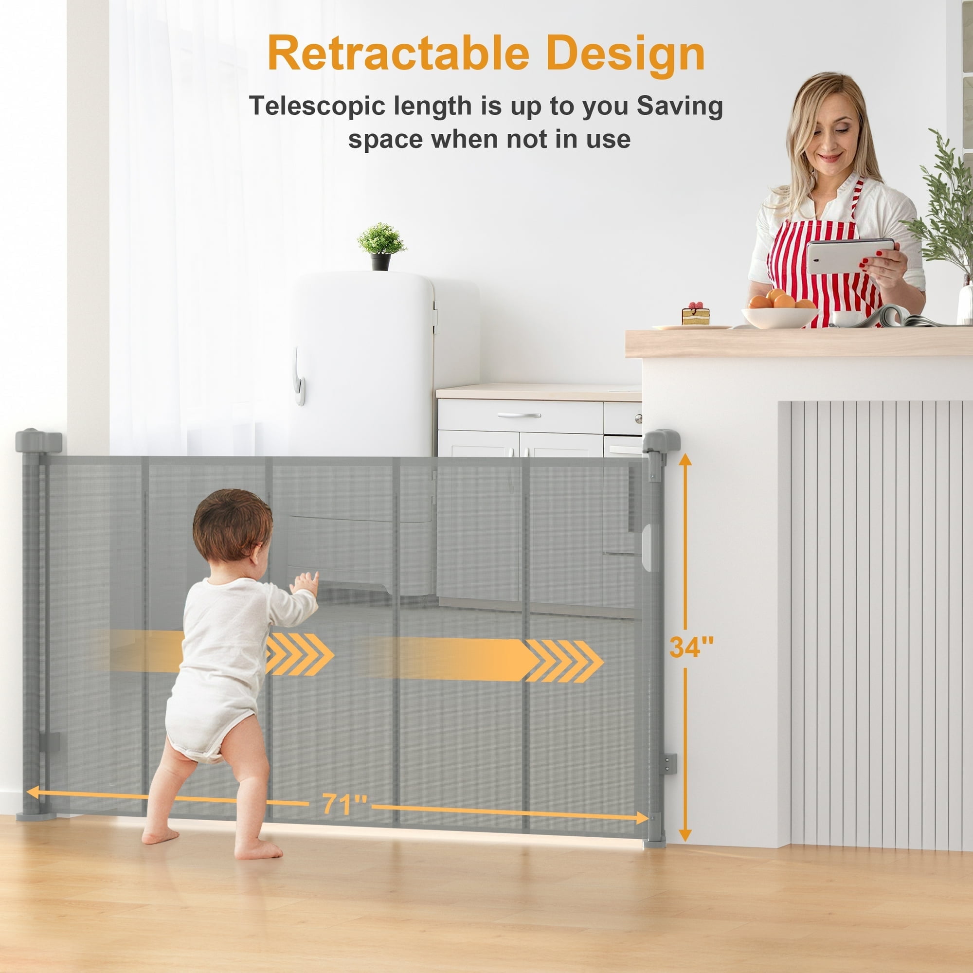 Vomeast 71in Extra Wide Retractable Baby Gates with Support Rods,Dog Gates for Doorways Stairs Hallways(Grey)