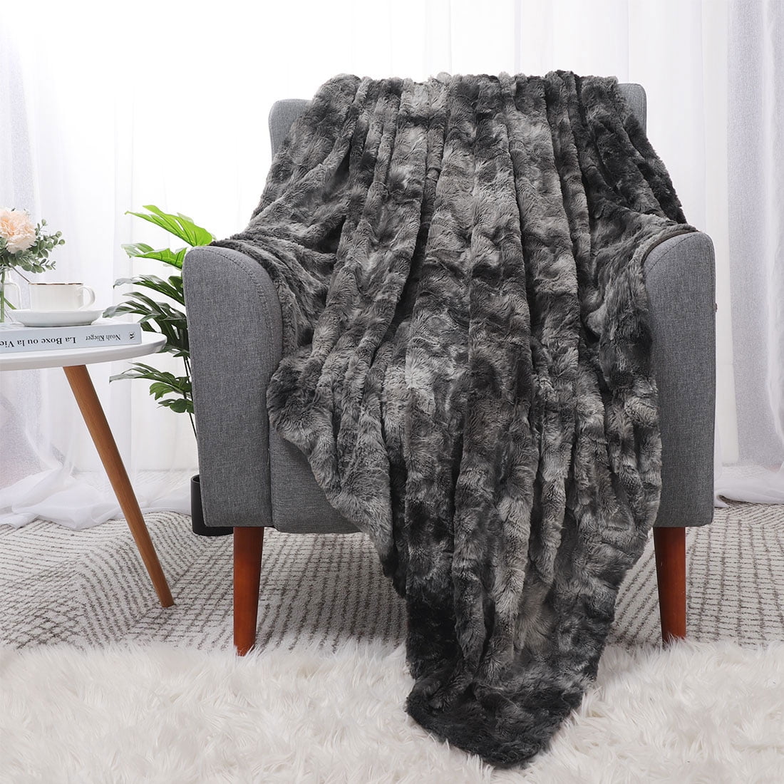 Unique Bargains Soft Fluffy Shaggy Faux Fur Blanket, Throw, Gunmetal