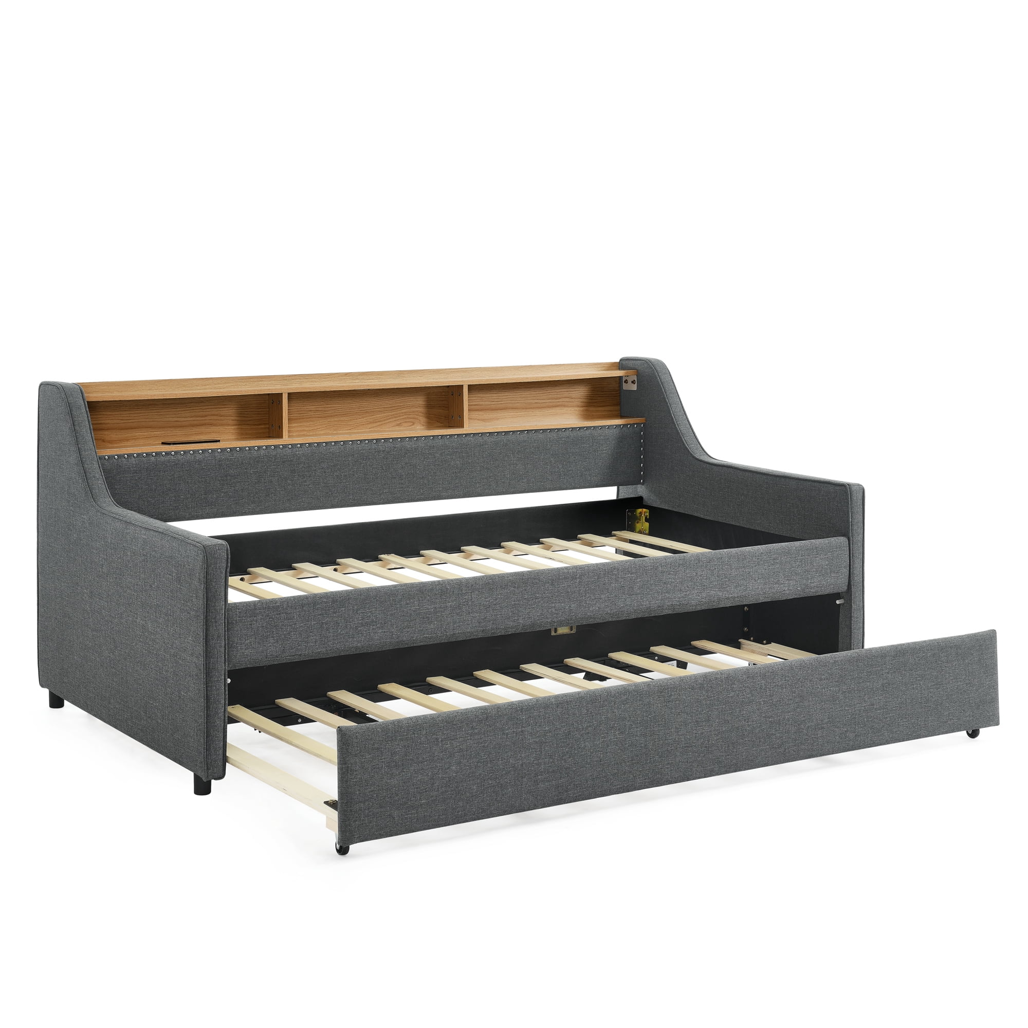 Leumius Twin Size Upholstered Daybed with Trundle,Comfy Sofa Bed with LED Lights,Wireless Charging,Storage Adjustable Headboard,Gray