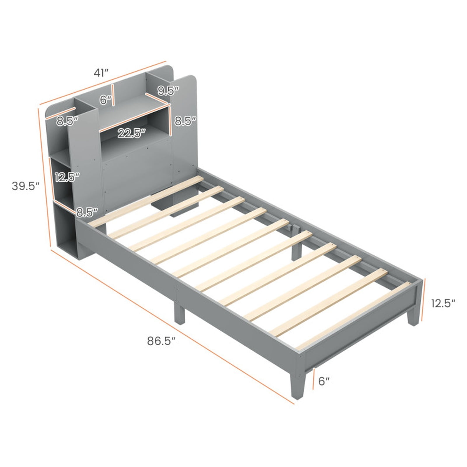 Furnibear Twin Platform Bed Frame with Built in Bookcase Headboard 2 Tier Shelf 6 Open Compartments Solid Wood Slats and No Box Spring Needed, Gray