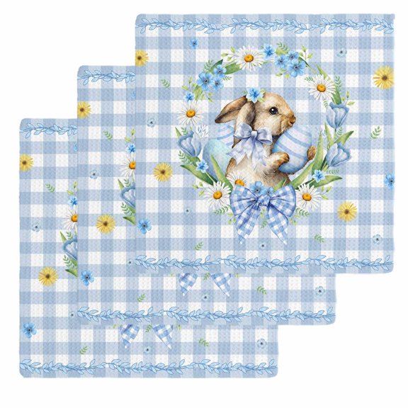Easter Rabbits Kitchen Dish Towels for Drying Dishes Set of 3, Spring Eggs Tulips Daisy Wreath Bunny Blue Plaid Waffle Weave Microfiber Hand Tea Bathroom Towels Quick Dry & Absorbent Towel 12x12