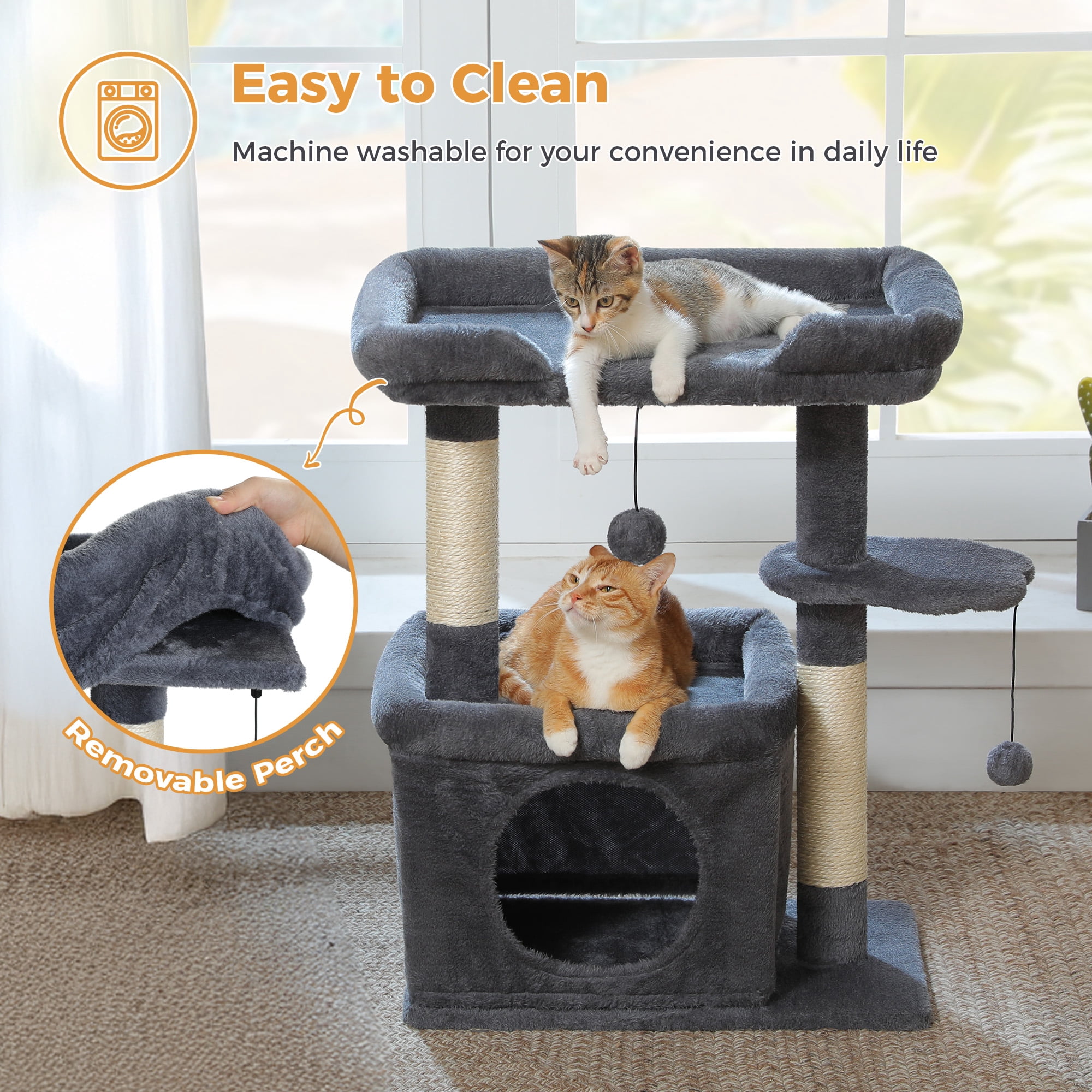 PAWZ Road 27" Cat Tree Tower with Large Perch, Scratching Posts, Cat Condo for Medium Cats, Dark Gray