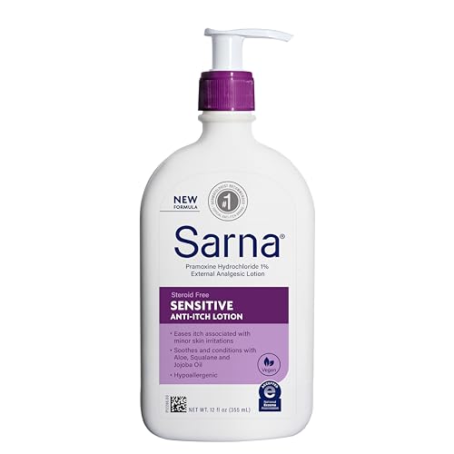 Sarna Sensitive Anti-Itch Lotion, Steroid-Free, Fragrance-Free, Vegan, Hypoallergenic, National Eczema Association Accepted, 1% Pramoxine Hydrochloride, 12 oz