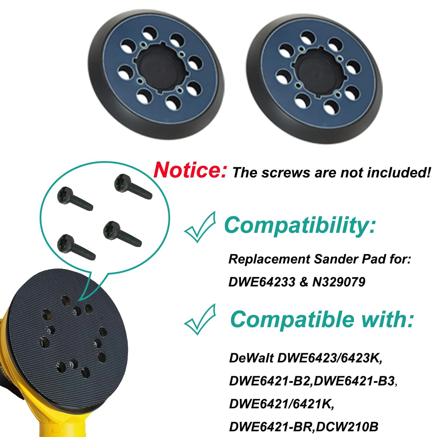 FRKSMD-2 Pack Sander Pad for Dewalt 5" 8 Hole Hook and Loop Orbital Sander Pad Replacement for DeWalt DWE6421 6421K DWE6423 6423K DCW210B Replace Part# DWE64233 & N329079 (4 Screw Holes)