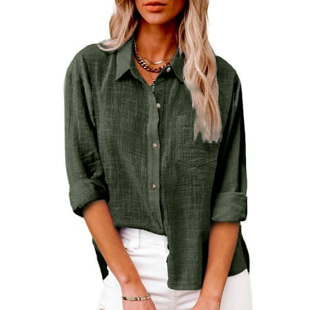 Meichang Button Down Shirts for Women Long Sleeve Lapel Collar Linen Shirts Solid Casual Plus Size Cotton Linen Tops with Pocket Army Green XXL
