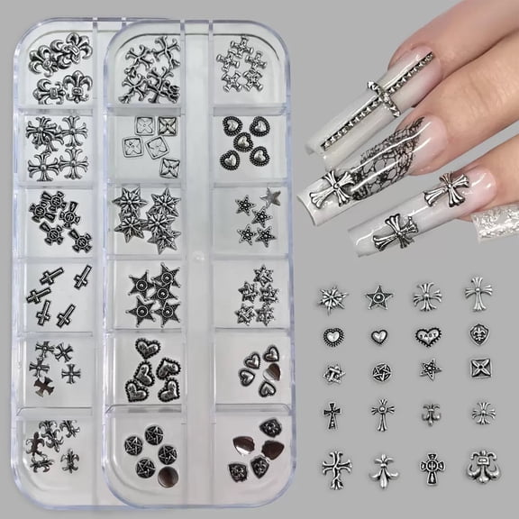 120 pcs Silver Cross Nail Charms 2-Pack (60pcs per Pack) – 3D Nail Art Accessories & DIY Metallic Silver Cross Charms for Manicure