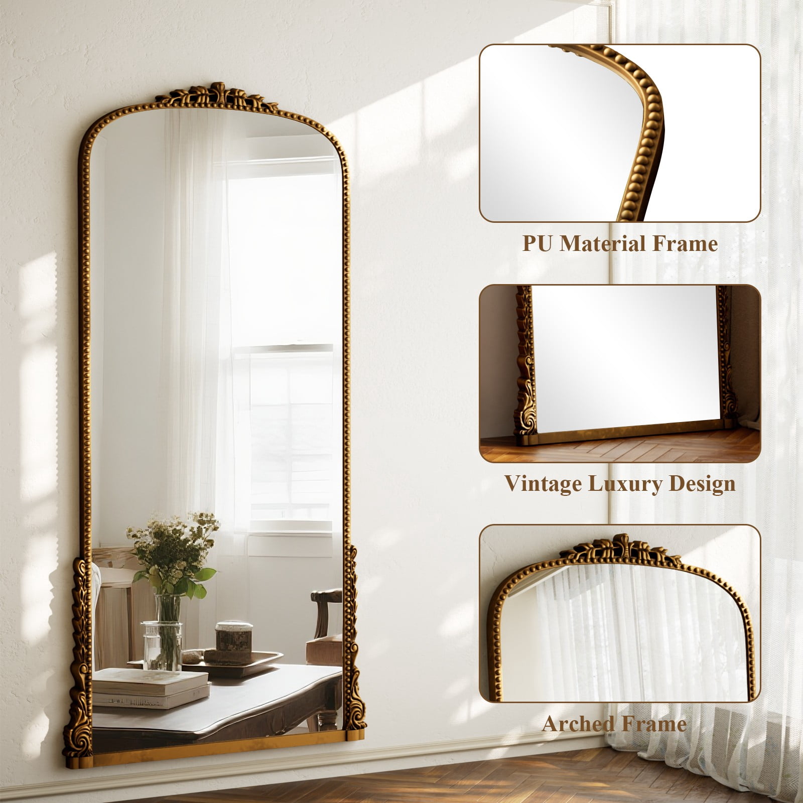 SHATTERVIEW 71"x32" Arched Full Length Mirror Vintage Floor Mirror with Stand Wall-Mounted Mirror, Antique Gold