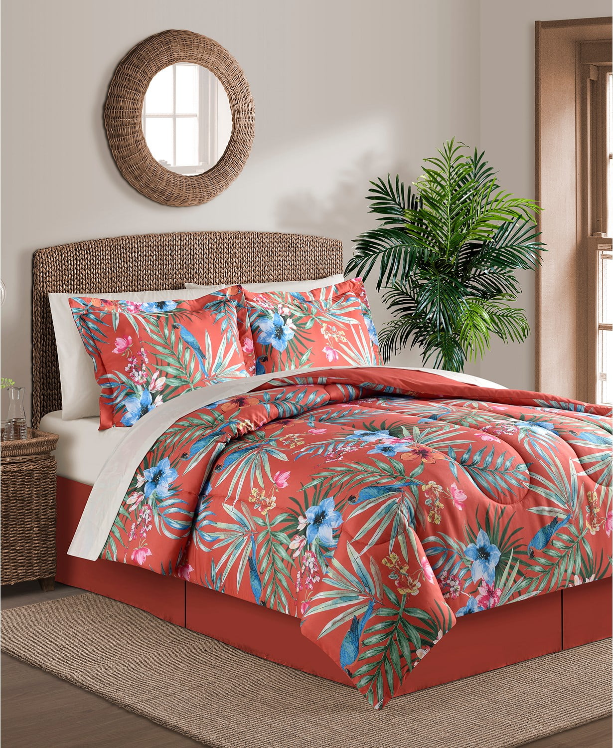 Turquoise Coral Tropical Oasis Quilt Set 5 PC King Palm Lush Leaf Embroidered 