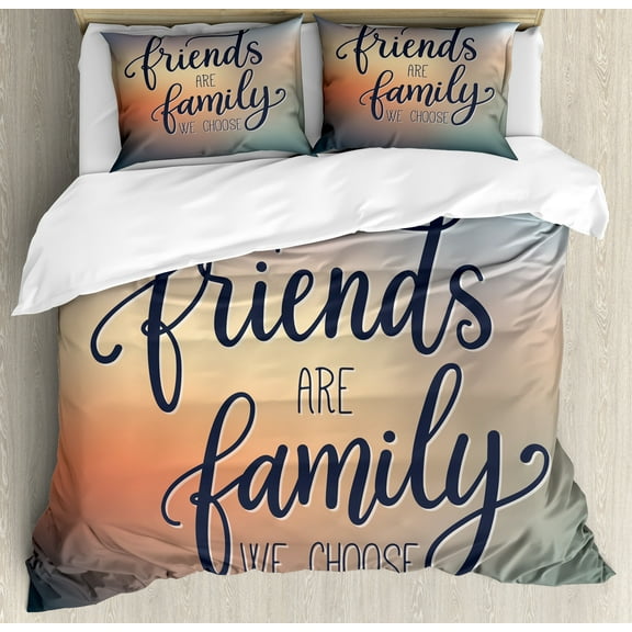 Family Duvet Cover Set, Friends are Famly We Choose Inspirational Phrase Fashion Print BFF Theme, Decorative 3 Piece Bedding Set with 2 Pillow Shams, Calking Size, Dark Blue Yellow Peach, by Ambesonne