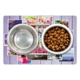 thumbnail image 1 of Colorful Pet Mat for Food and Water, Collage of Different Photos on Wooden Background Flowers Macaroons Pastries Beach, Non-Slip Rubber Mat for Dogs and Cats, 18" X 12", by Ambesonne, 1 of 2