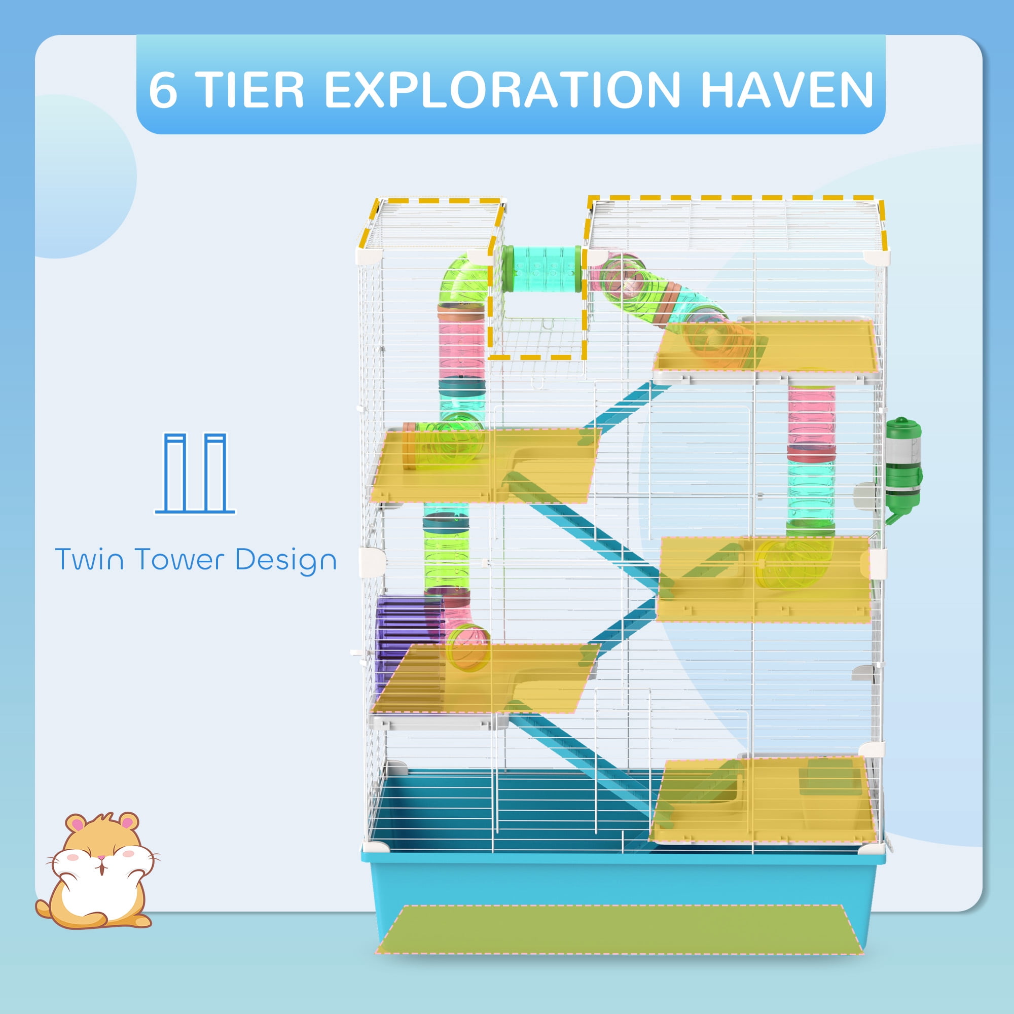 PawHut 32" Hamster Cage, 6 Tier Small Animal Cage with Tubes and Tunnels, Hut, Wheel, Food Dish, Water Bottle, Ramps, for Dwarf & Gerbil, Light Blue