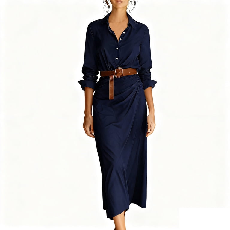 SwiftWear Women's Long Sleeve Shirt Dress with Belt, Elegant Formal Office Business Casual Long Dresses Work Wear with Turn-Down Collar and Pockets, Navy - Walmart.com SwiftWear Women's Long Sleeve Shirt Dress with Belt, Elegant Formal Office Business Casual Long Dresses Work Wear with Turn-Down Collar and Pockets, Navy - Walmart.com